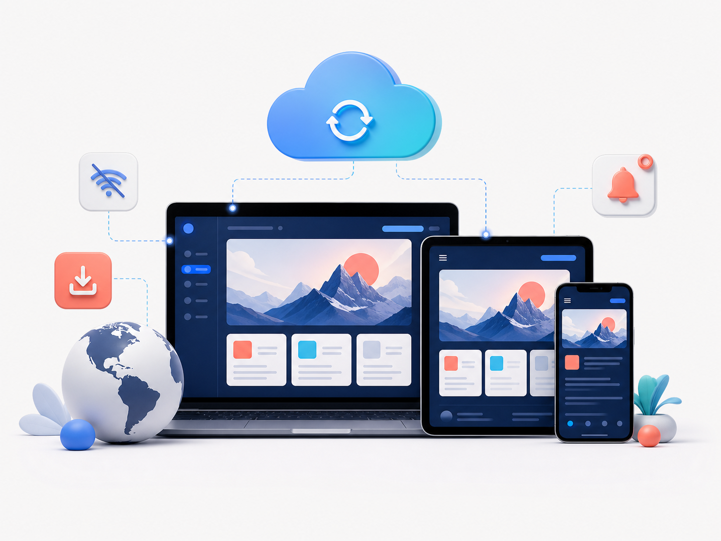 Ilustración de una aplicación web progresiva adaptada a distintos dispositivos