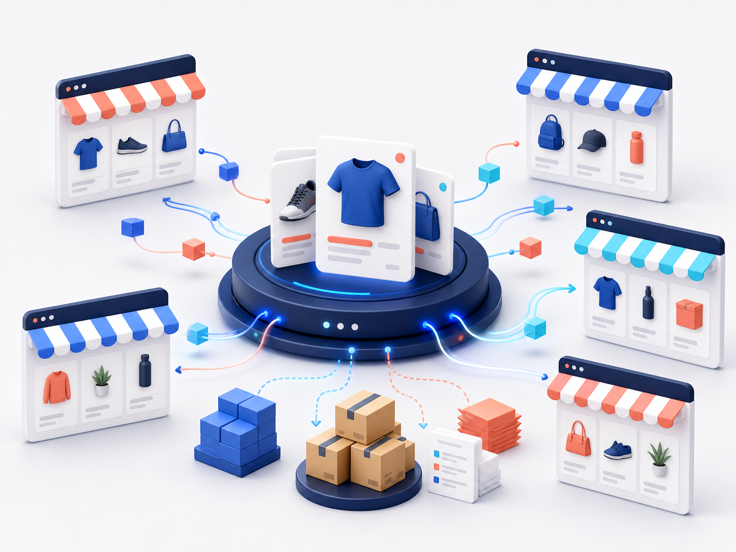 Ilustración de un catálogo sincronizado con múltiples marketplaces